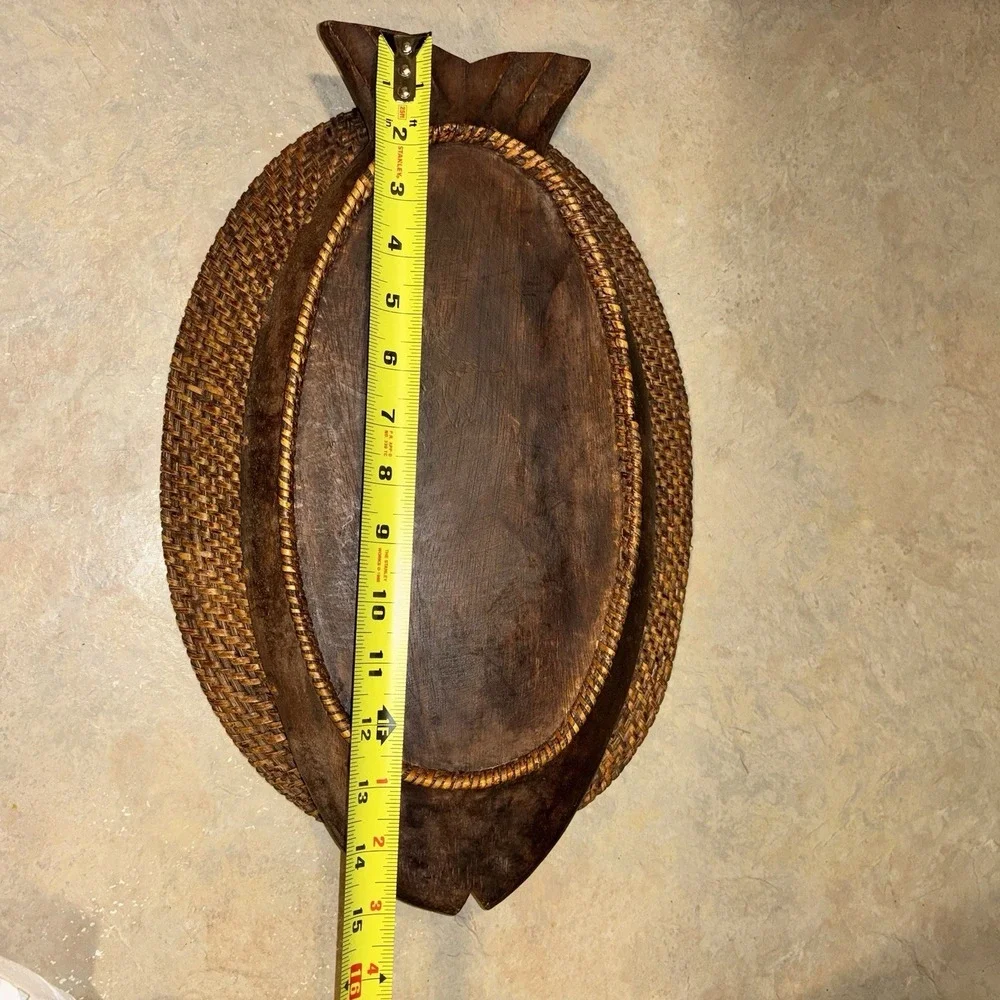 Vintage Indonesia Wood Wicker Oval Fish Shaped Decorative Fruit Basket 15